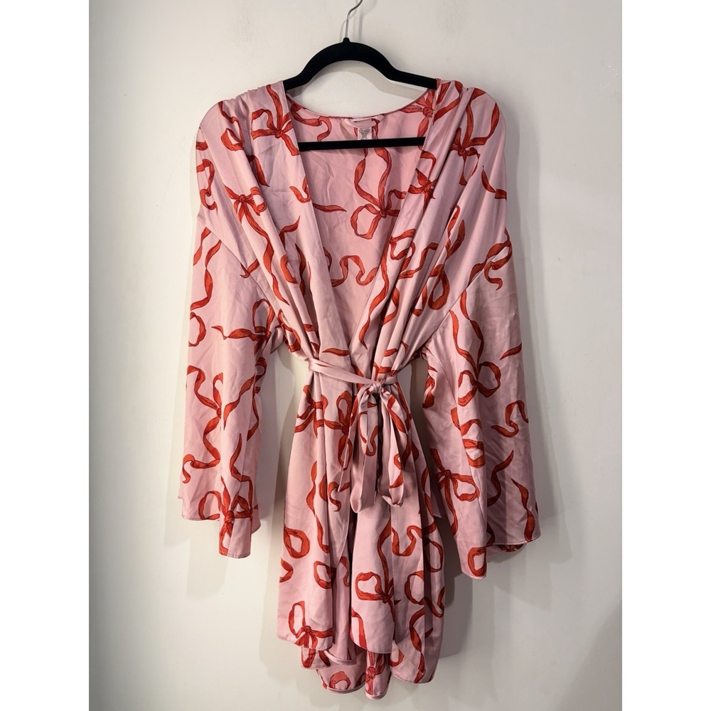 Victoria's Secret Pink Bow Print Satin Robe Wrap Tie Lounge Medium